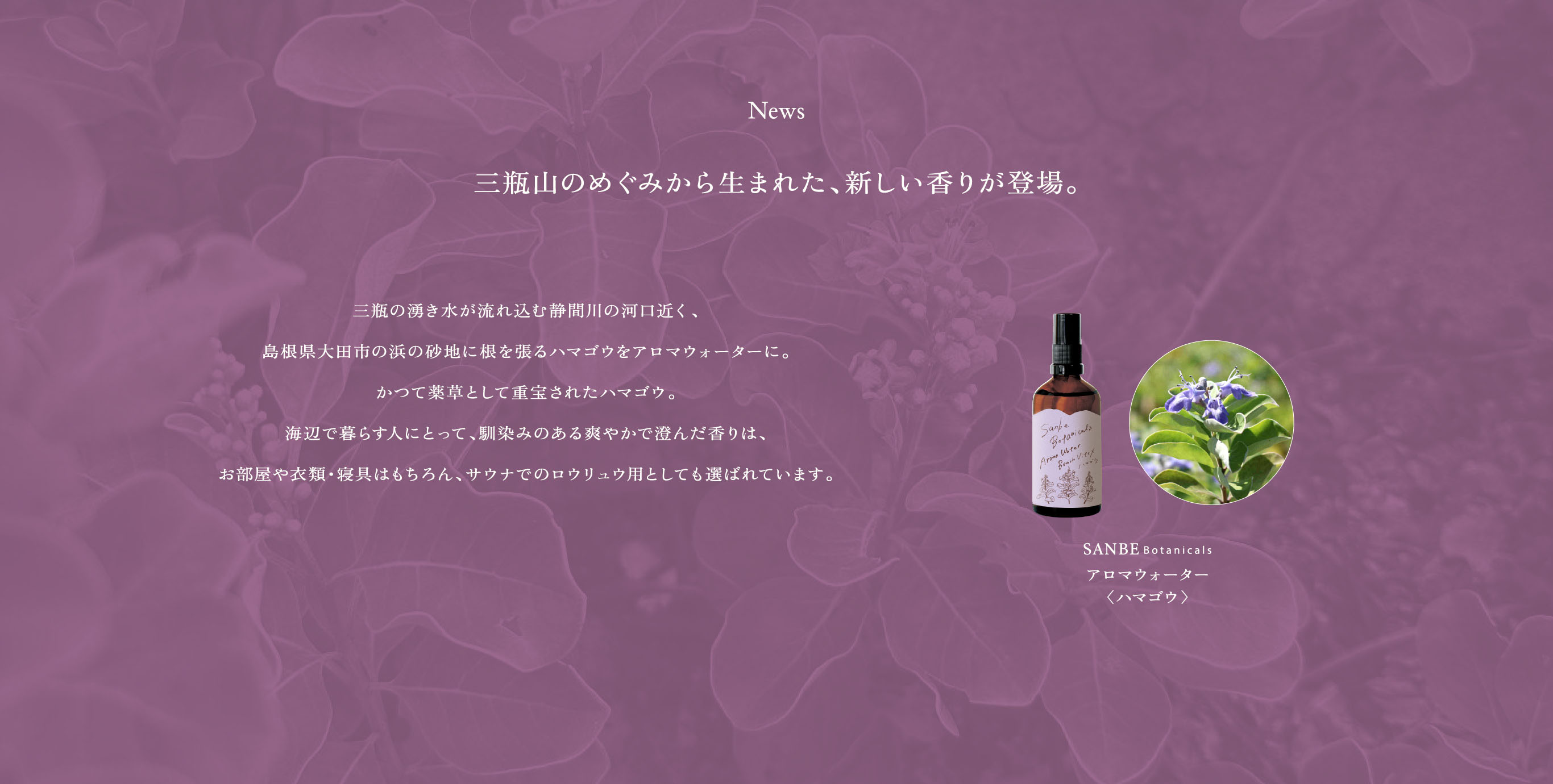 News 三瓶山のめぐみから生まれた、新しい香りが登場。SANBE Botanicals アロマウォーター＜ハマゴウ＞